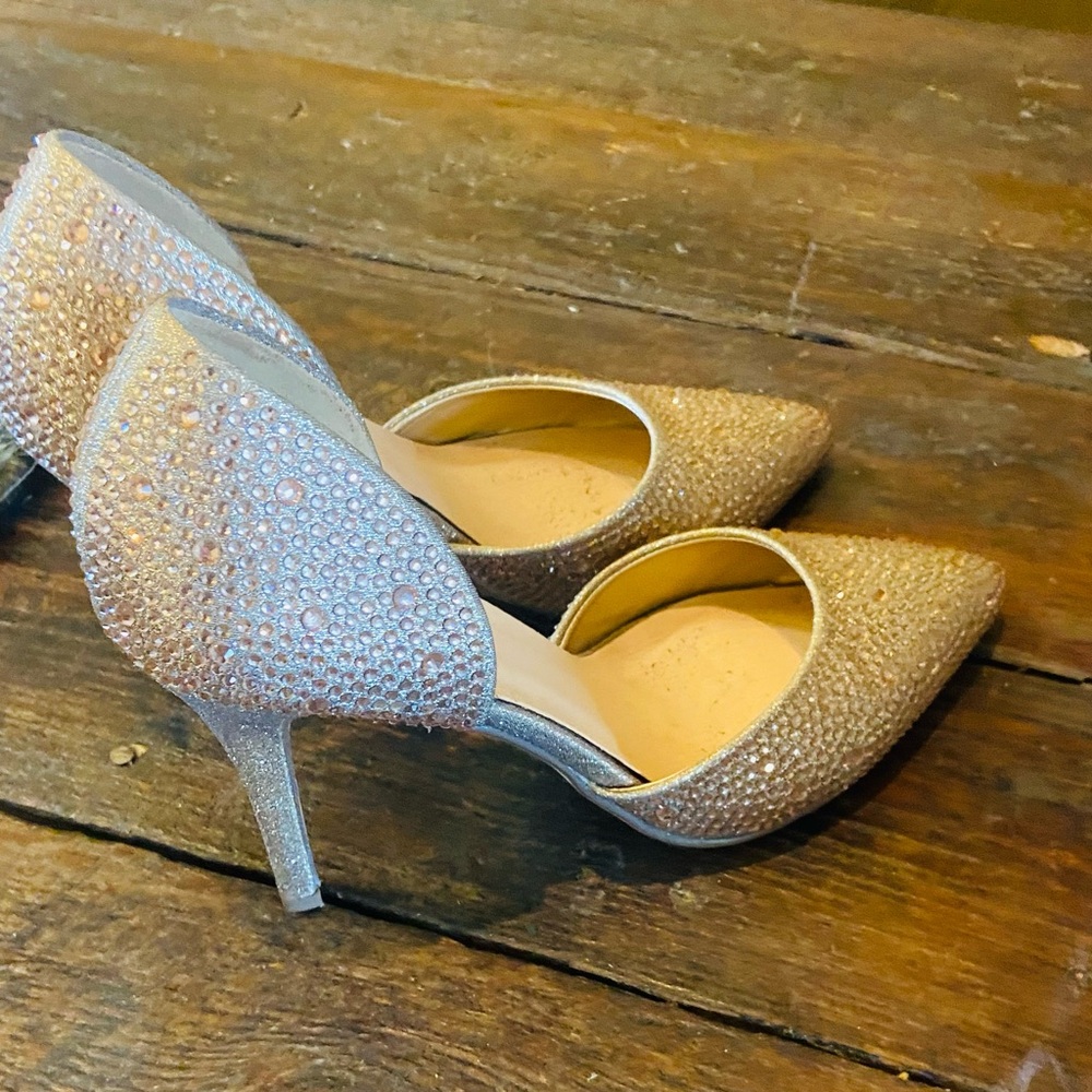 Champagne colored rhinestoned heels